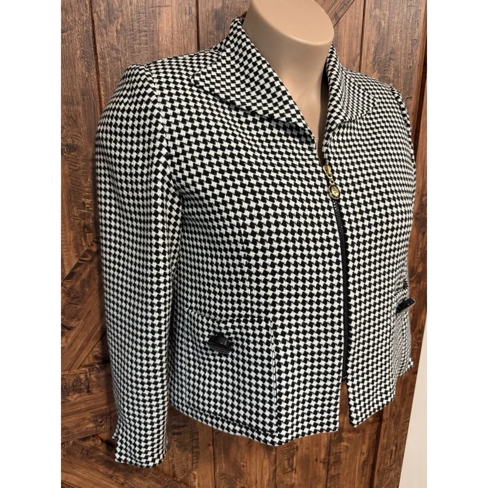 Vintage Christian Dior Women's 10P Crop Full Zip Houndstooth Jacket Blazer USA